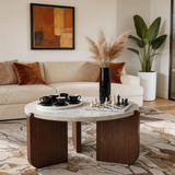 Round Marble Coffee Table – Faux Marble Top with Walnut Wood Legs