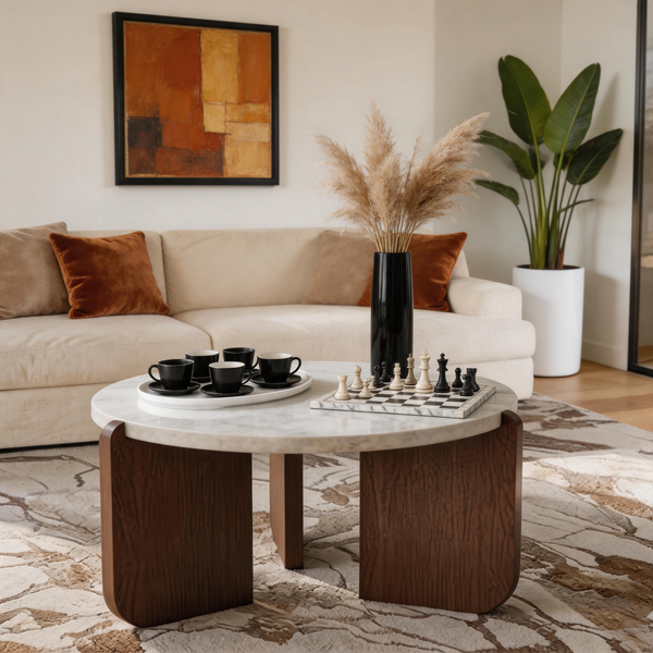 Round Marble Coffee Table – Faux Marble Top with Walnut Wood Legs