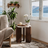 Round Marble Coffee Table – Faux Marble Top with Walnut Wood Legs