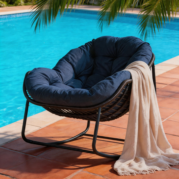 Outdoor Papasan Rocking Chair – Rattan Egg Lounge Chair with Cushion