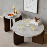 Round Marble Coffee Table – Faux Marble Top with Walnut Wood Legs