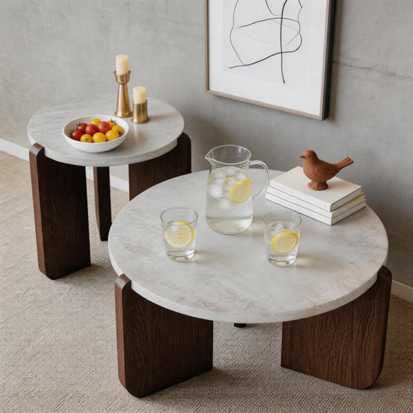 Round Marble Coffee Table – Faux Marble Top with Walnut Wood Legs