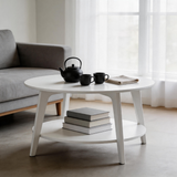 Round Center Table with Tapered Legs | Honey Brown Wood & Curved Transitions