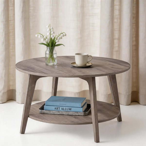 Round Center Table with Tapered Legs | Honey Brown Wood & Curved Transitions