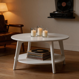 Round Center Table with Tapered Legs | Honey Brown Wood & Curved Transitions