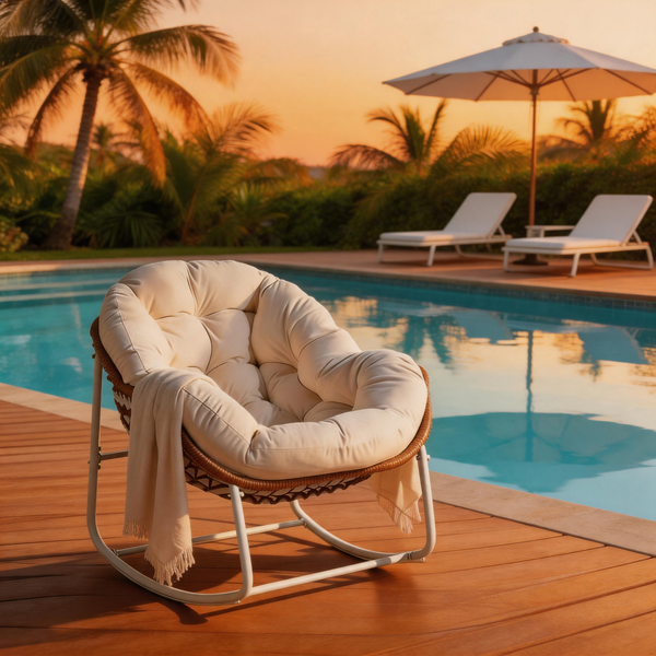 Outdoor Papasan Rocking Chair – Rattan Egg Lounge Chair with Cushion