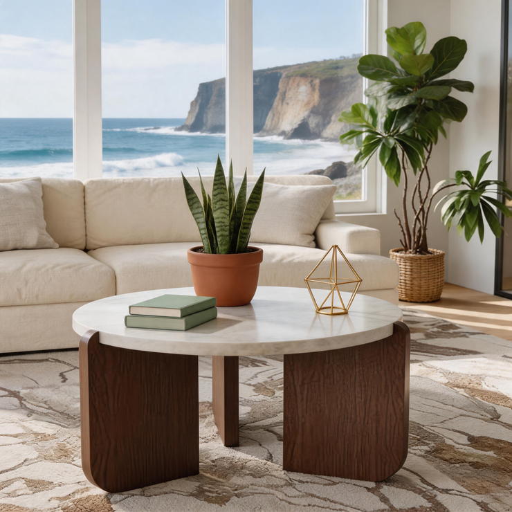 Round Marble Coffee Table – Faux Marble Top with Walnut Wood Legs