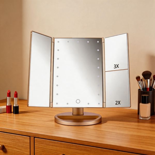 Tri-Fold LED Vanity Mirror – Touch Control Makeup Mirror with Adjustable Lighting & Multi-Magnification Panels