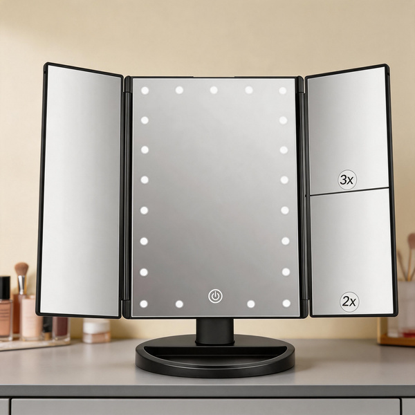 Tri-Fold LED Vanity Mirror – Touch Control Makeup Mirror with Adjustable Lighting & Multi-Magnification Panels