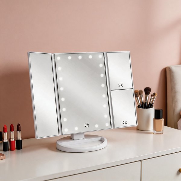 Tri-Fold LED Vanity Mirror – Touch Control Makeup Mirror with Adjustable Lighting & Multi-Magnification Panels