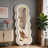 Wavy Full Length Mirror – LED Irregular Floor Mirror with Adjustable 3-Color Lighting & Teddy Velvet Frame