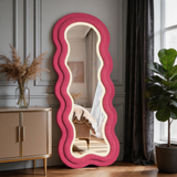 Wavy Full Length Mirror – LED Irregular Floor Mirror with Adjustable 3-Color Lighting & Teddy Velvet Frame