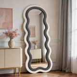 Wavy Full Length Mirror – LED Irregular Floor Mirror with Adjustable 3-Color Lighting & Teddy Velvet Frame