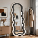 Wavy Full Length Mirror – LED Irregular Floor Mirror with Adjustable 3-Color Lighting & Teddy Velvet Frame