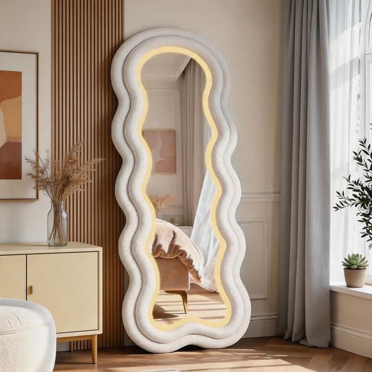 Wavy Full Length Mirror – LED Irregular Floor Mirror with Adjustable 3-Color Lighting & Teddy Velvet Frame