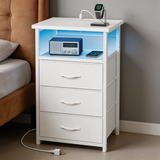 Modern LED Nightstand with Charging Station – Bedside Table with Fabric Drawers & Built-In USB Ports for Small Spaces