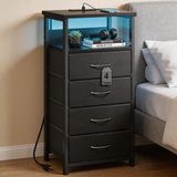 Modern LED Nightstand with Charging Station – Bedside Table with Fabric Drawers & Built-In USB Ports for Small Spaces