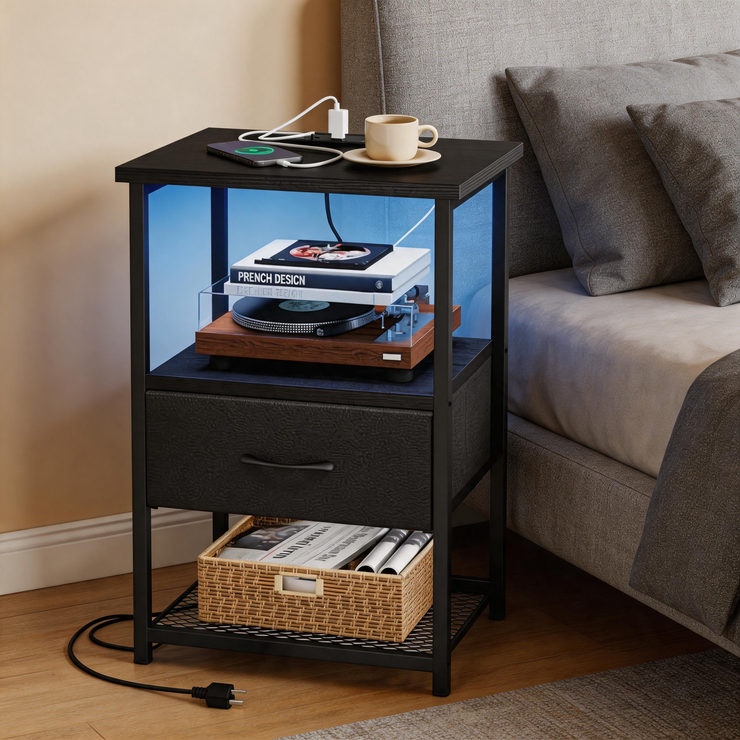 Modern LED Nightstand with Charging Station – Bedside Table with Fabric Drawers & Built-In USB Ports for Small Spaces