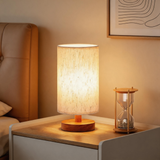 Modern Bedside Table Lamp – Cream Linen Shade with Wood Base & Warm LED Lighting