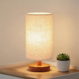Modern Bedside Table Lamp – Cream Linen Shade with Wood Base & Warm LED Lighting