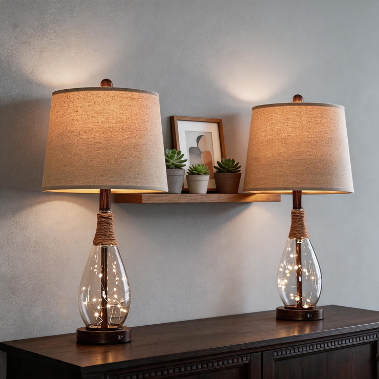 Modern Rattan Bedside Lamps Set – USB Table Lamps with Dual Lighting Design for Bedroom & Living Room