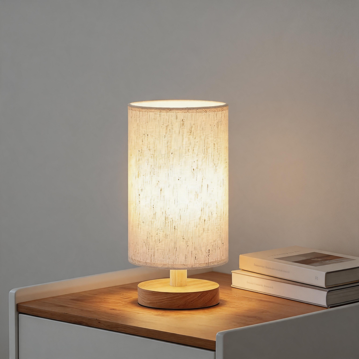Modern Bedside Table Lamp – Cream Linen Shade with Wood Base & Warm LED Lighting