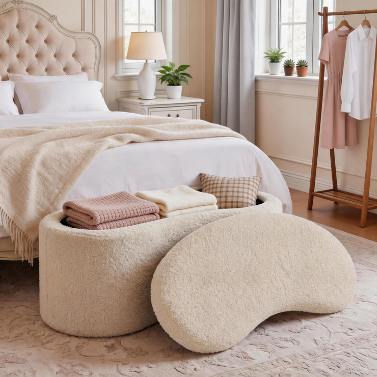 Curved Sherpa Ottoman Bench – Modern Crescent Storage Bench for Bedroom & Entryway