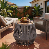 Outdoor Acacia Wood Side Table – Weather-Resistant Patio Accent Table with Rope Detail for Balcony & Backyard