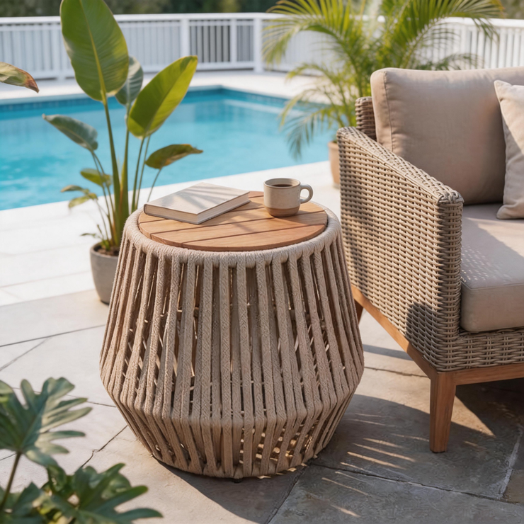 Outdoor Acacia Wood Side Table – Weather-Resistant Patio Accent Table with Rope Detail for Balcony & Backyard
