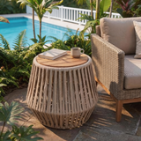 Outdoor Acacia Wood Side Table – Weather-Resistant Patio Accent Table with Rope Detail for Balcony & Backyard