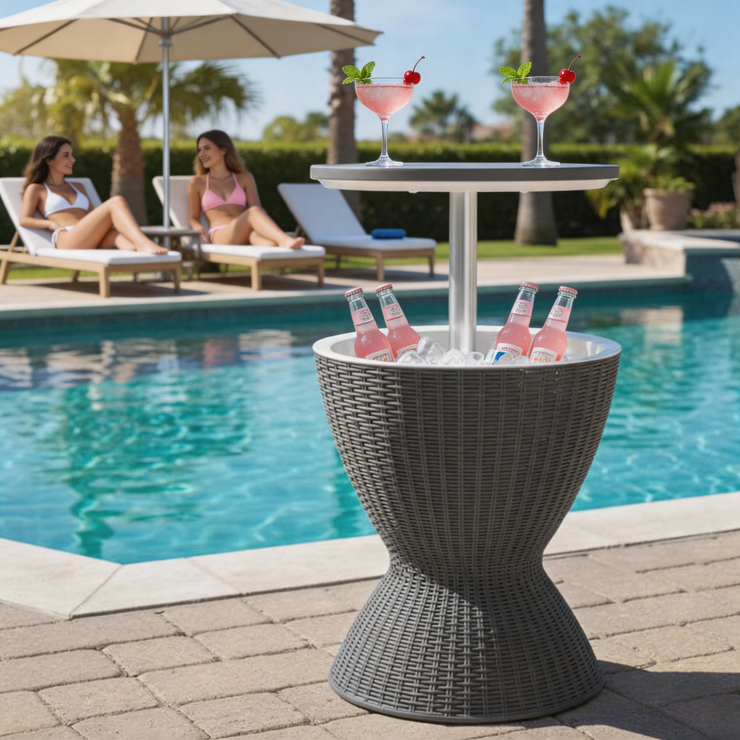 Outdoor Cooler Bar Table – All-Weather Rattan Patio Ice Bucket Table with Adjustable Height & Built-In Cooler