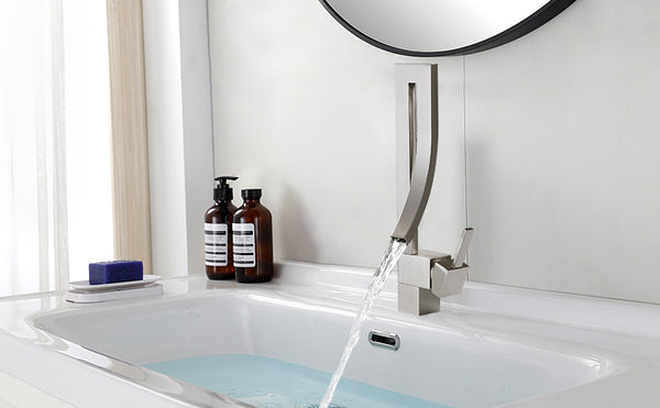 Designer Bathroom Sink Faucet, Modern Design Single Lever Handle Waterfall Spout Style