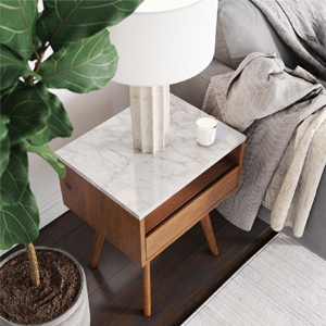 Storage Nightstand Rectangle Accent End Table with Walnut Finish Wood and Faux Marble Top | Mid-Century Style Frame, White/Brown