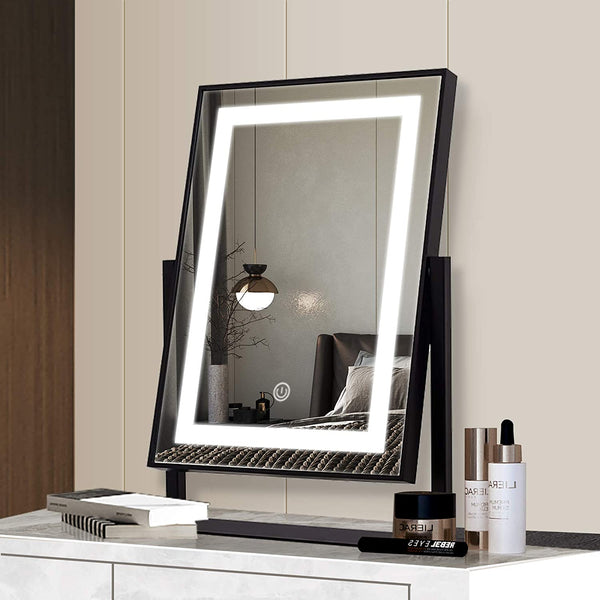 Vanity Mirror LED Lights, Makeup Desk Tabletop Mirror, Rectangle, 180° Rotation with Smart Touch Control Adjustable Brightness