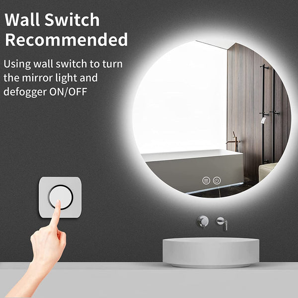 Round Backlit LED Vanity Bathroom Mirror, 24” Anti-Fog, Wall Mounted Dimmable Bathroom Mirror with Lights, LED Smart Mirror, Brightness Adjustable