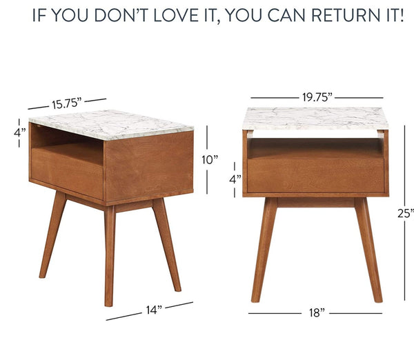Storage Nightstand Rectangle Accent End Table with Walnut Finish Wood and Faux Marble Top | Mid-Century Style Frame, White/Brown
