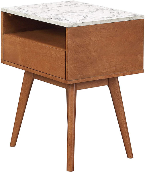 Storage Nightstand Rectangle Accent End Table with Walnut Finish Wood and Faux Marble Top | Mid-Century Style Frame, White/Brown