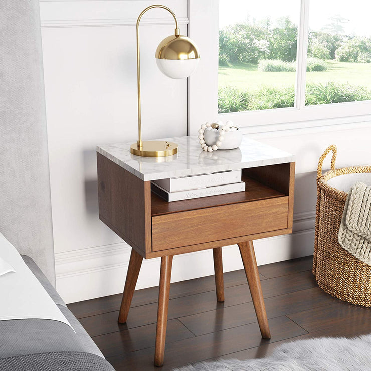 Ingle Home-Walnut & Faux Marble Side Table – Mid-Century Modern Accent End Table