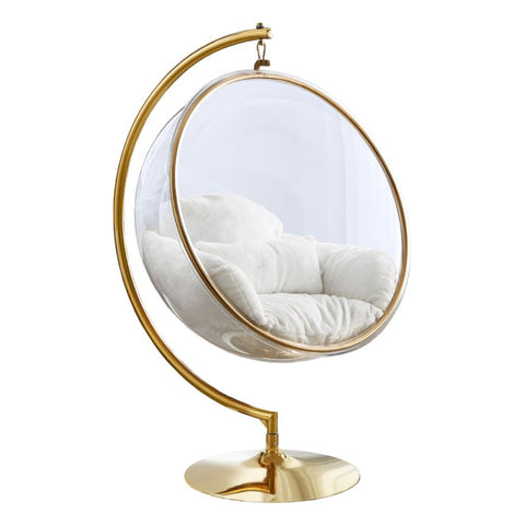 Designer Bubble Swing Chair with Gold Finished Stand, with Fluffy White Cushion