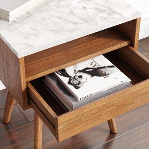 Storage Nightstand Rectangle Accent End Table with Walnut Finish Wood and Faux Marble Top | Mid-Century Style Frame, White/Brown